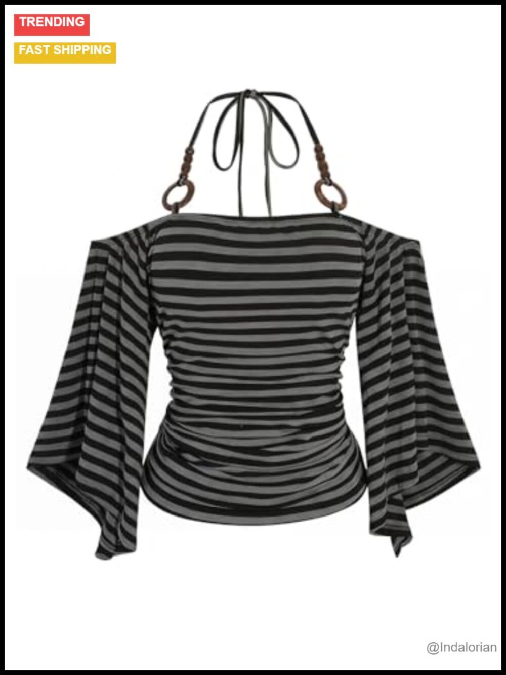 Y2K Striped Off Shoulder Top 3/4 Flare Sleeve Ruched Tie Backless Slim Fit